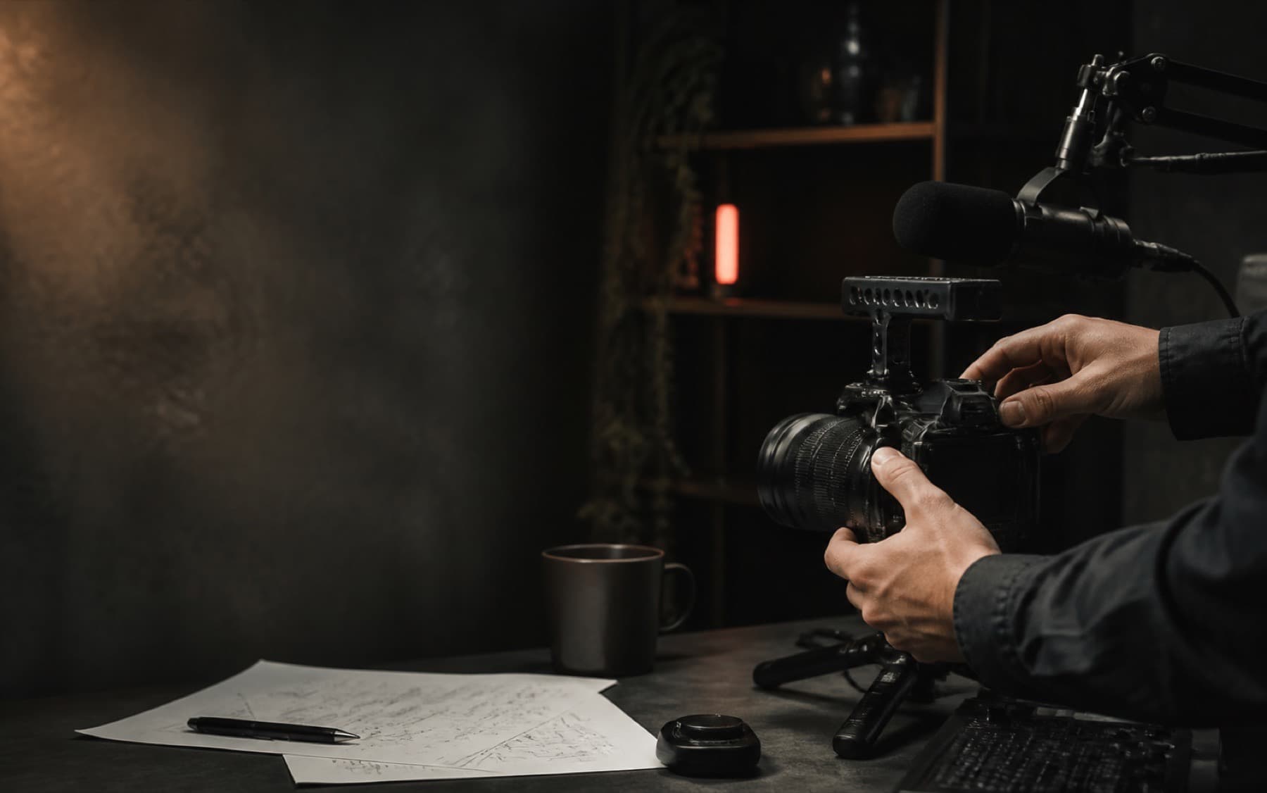 Creator hands preparing a camera beside a studio microphone and cue notes